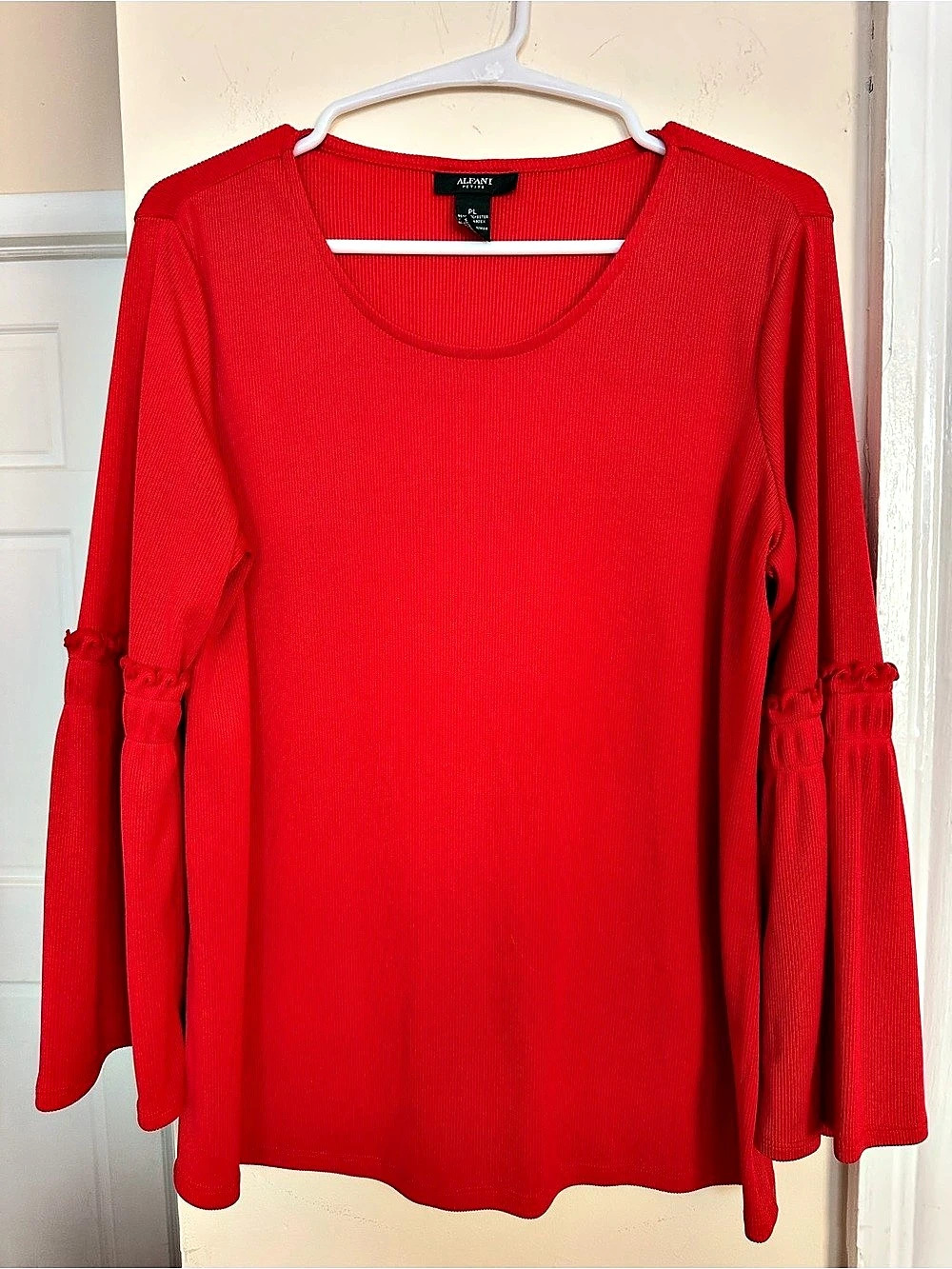 Alfani Petite PL Red Ribbed Bell Sleeve Ruffle Cuff Top